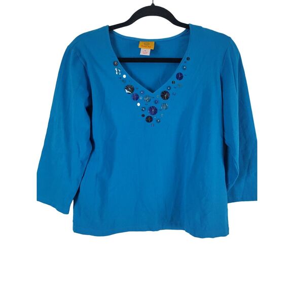 Ruby Rd Long Sleeve Top M Womens Blue V Neck Pullover Accents Cotton Blend - Picture 1 of 10